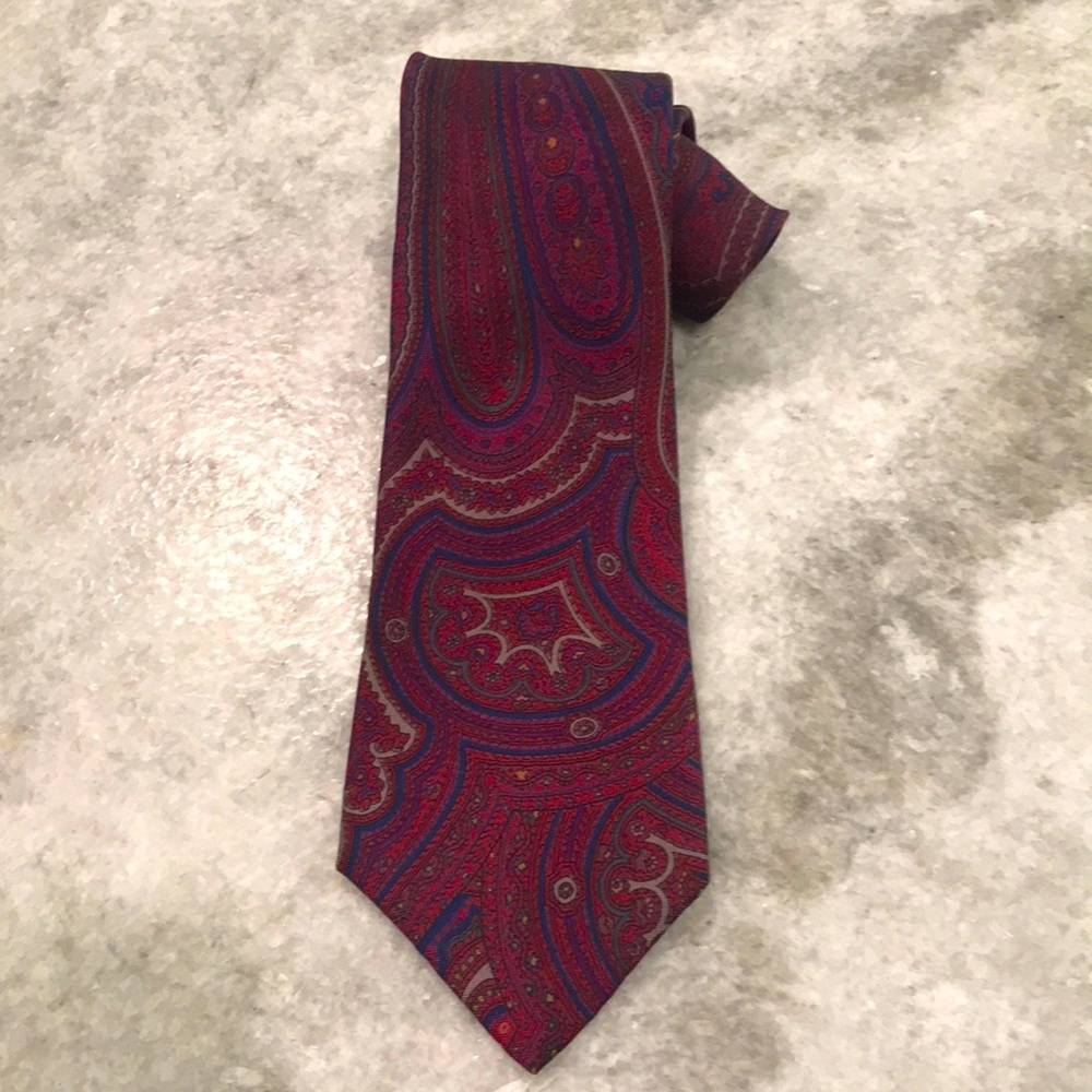 Vintage Claybrooke Paisley Tie Mens Burgundy Blue Silk‎ Preppy Eclectic Grandpa